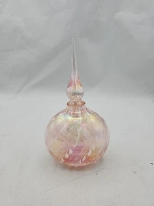 Vintage Iredescent Pink Pulled Feather Art Glass Perfume Bottle W/ Stopper 6" - Picture 1 of 7