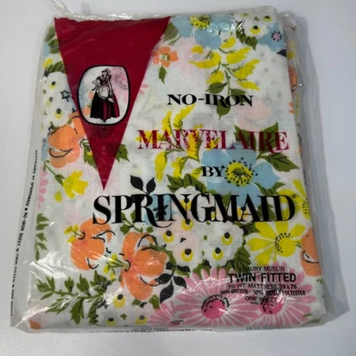 Vintage Marvelaire Springmaid Twin Fitted Sheet Pink Yellow Blue Orange Floral - Image 1 of 4