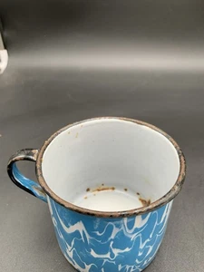 VTG Graniteware Enamel Blue & white Mug 3”T X 3 1/4”R - Picture 1 of 4