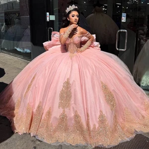  Blush Pink Ball Gown Quinceanera Dres Gold Lace Applique Beading Bow Sweet 16 - Picture 1 of 6