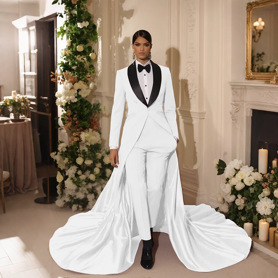 Moda Nuevo Estilo Mujeres Traje Largo Tren Chaqueta Delgada para Boda Banquete 2 Piezas Foto 1 de 4