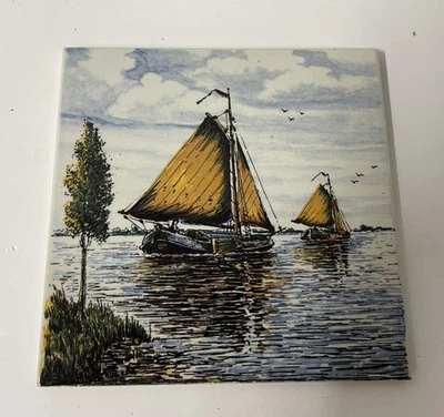 Vintage Delft Handpainted in Holland Hanging Tile 6”X 6”  Windmills - Image 1 of 4