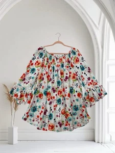 Top túnica Terra & Sky para mujer talla 1X floral calado boho manga campana informal - Imagen 1 de 19