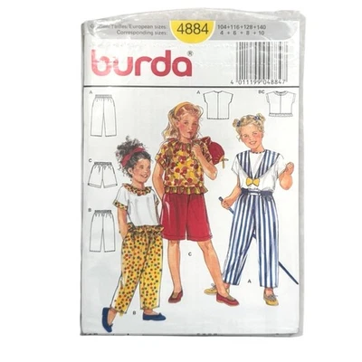 Burda Sewing Pattern 4884 Girls’ 4-10 Cap Sleeve Tops Shorts Pants Uncut - Image 1 of 3