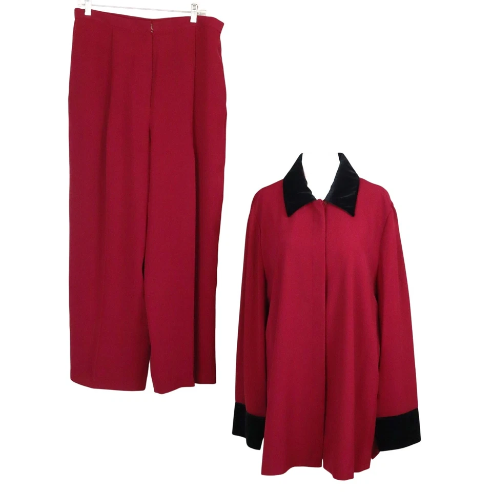 Traje Pantalón Traje De Colección Años 80 90 Susan Bristol Rojo Pierna Ancha Negro Cuello Terciopelo Plus 16 Foto 1 de 4