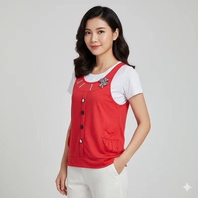 Camiseta de vestir roja blanca manga corta lazo en la parte delantera adolescente top bolsillo camisetas L-23" Foto 1 de 3