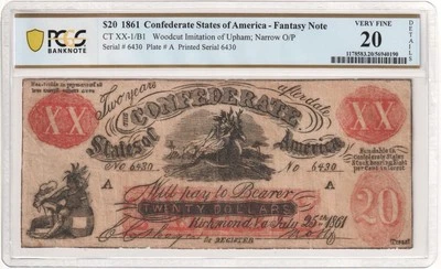 FEMALE RIDING DEER $20 1861 Confederate States Banknote Fantasy Note, CT-XX PCGS - Image 1 of 4