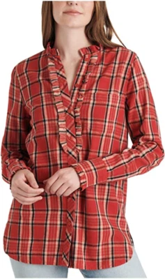 Camisa Lucky Brand para mujer XS roja negra a cuadros cuello con volantes/manga larga nueva con etiquetas Foto 1 de 4