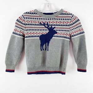 Hanna Andersson Size 110cm 5-6 Gray Fair Isle Reindeer Knit Sweater Elbow Patch