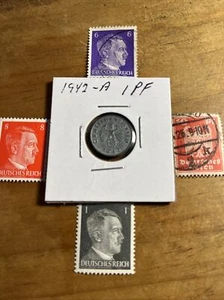 WW2 German Nazi 1942-A 1 Pfennig Nazi Coin And Stamps Swastika M - Bild 1 von 2