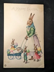 Antique Stecher Litho. Postcard A Happy Easter Bunny Rabbit Mom Babies - Picture 1 of 5