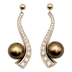 Earrings Diamond and Cultured Pearls Rose Gold Dangle/Drop Pierced 1 3/8" - Picture 1 of 12