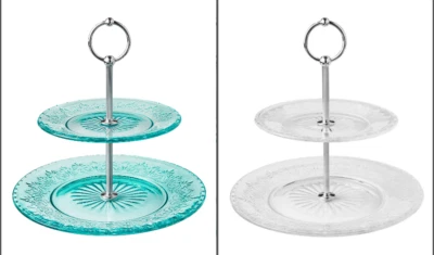 Pioneer Woman 2 Tiered Dessert Server Cassie Embossed Glass Teal or Clear U Pick - Image 1 of 4