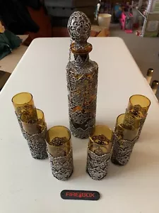 Vintage Amber Glass Decanter Set w/ 6 Glasses - Metalwork Eagle Decoration - Picture 1 of 5