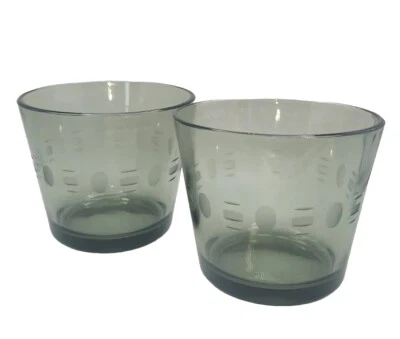 Par de cuencos/cubos de vidrio grabado geométrico de mediados de siglo gris ahumado • Hallazgo raro  Foto 1 de 4