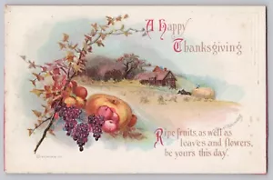 Postcard A Happy Thanksgiving Ellen Clapsaddle Pumpkin Grapes Hay Wagon Farm - Picture 1 of 2
