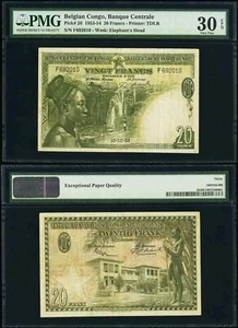 1953 Belgian Congo Ruanda-Urundi Central Bank 20 Francs Banknote P 26, VF 30 EPQ - Picture 1 of 3