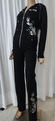 NWT BCBG sz XL (Bust42) 95% cotton BLACK & SILVER BUTTERFLY & VINE 2PC TRACKSUIT - Image 1 of 4