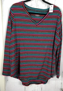 NWT Lane Bryant Women’s 14/16 Multicolor V Neck Long Sleeve Stripe Top - Picture 1 of 5