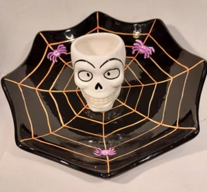 Keramik Halloween Totenkopf Tasse Chip/Dip orange Spinnennetz schwarz Süßigkeiten Snack Schale 10" - Bild 1 von 8