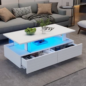 Couchtisch mit LED Beleuchtung & 2 Schubladen Hochglanz Weiß Wohnzimmertisch - Bild 1 von 12
