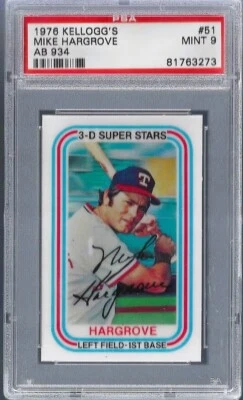 1976 Kellogg's #51 Mike Hargrove AB 934 Texas Rangers PSA 9 Mint 81763273 - Image 1 of 2