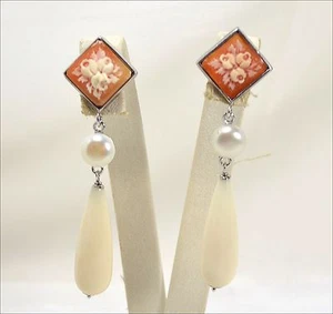 ORECCHINI IN ARGENTO 925 CON CAMMEI QUADRATI CORNEOLA FIORI E PENDOLI AGHT 0403 - Foto 1 di 3