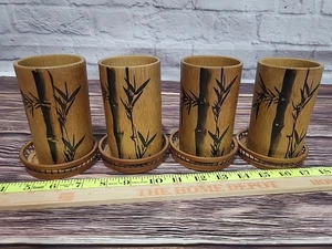 MCM Vtg Bamboo Cups Lot of 4 & Coasters Japan Tapei Handpainted - Picture 1 of 13