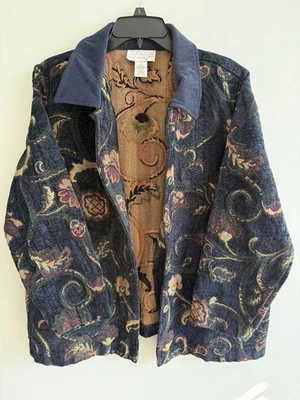 Susan Graver 夹克上衣女式 1X 海军蓝挂毯刺绣花卉夹克小屋 — 第 1/4 张图片