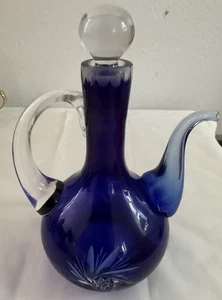 Czech Bohemian Cobalt Blue Cut to Clear Glass Pinwheel / Star of David Cruet - Picture 1 of 6