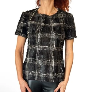 BCBGMaxazria Tulum Top manga corta piel sintética a cuadros blanco negro - Imagen 1 de 10