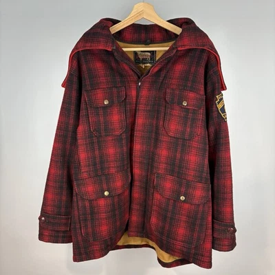 Vtg 50s 60s Woolrich Coat Men’s 46 Red Black Buffalo Plaid Wool Hooded Hunting - Image 1 of 4