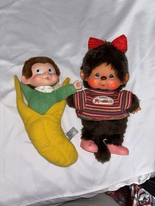 Menge 2 Vintage 1974 Happy Monchhichi Affe Plüsch Puppe Sckiguchi Mattel Japan - Bild 1 von 16