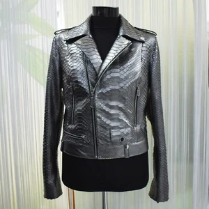 Women's Metalic Grey Genuine Python Leather Exotic Skin Motorcycle Biker Jacket - Picture 1 of 5