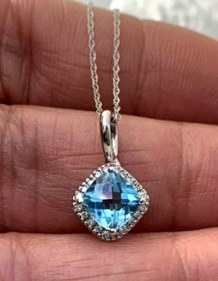 10k Solid White Gold Natural Blue Topaz & Diamond Pendant Necklace 18"in - Image 1 of 4