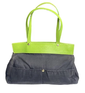 Kate Spade Vintage Black Canvas Green Leather Shoulder Handbag Purse - Picture 1 of 12