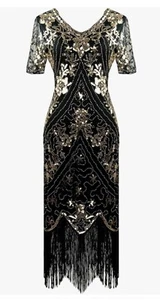 NEW Women's 1920s Great Gatsby Flapper Dress Sequin Art Deco Black & Gold Size L - Picture 1 of 3