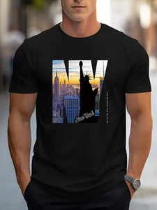 Camiseta creativa estampada con patrón de NY para hombre, informal manga corta cuello redondo, - Imagen 1 de 100