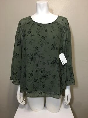 Blusa Kensie OLIVA Verde Negra Floral Boho Pequeña Manga Kimono Transparente Foto 1 de 4