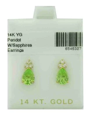 LAB PERIDOT 1.68 Cts & WHITE SAPPHIRES EARRINGS 14K YELLOW GOLD-NWT - Image 1 of 3