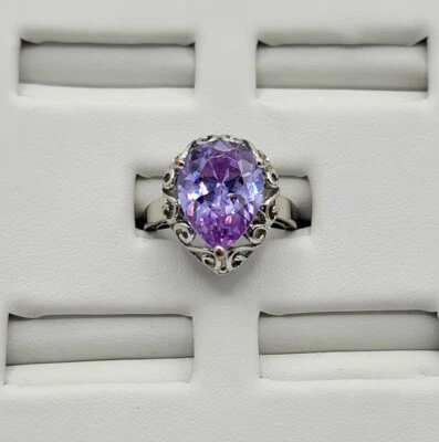 Vtg Sz 9 Ring Lg Lavender Cubic Zirconia Scrolls Design Fashion Jewelry  - Image 1 of 4