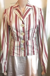 Vintage Esprit Womens Jacket Sz Small Red Khaki Beige Stripe Tapered Fit Button - Picture 1 of 12