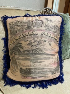 Two Vintage Fringed Hawaiian Throw Pillow Cases Silky Material 14.5"L x 16"H - Picture 1 of 7