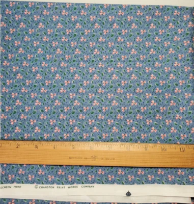 Vintage Cranston Blue Pink Floral Cotton Calico Fabric 2 Yards + 24" - Image 1 of 2