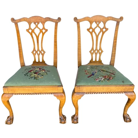 Pair Antique American Chippendale Style Tiger Maple Dining Side Chairs c. 1900 Cover