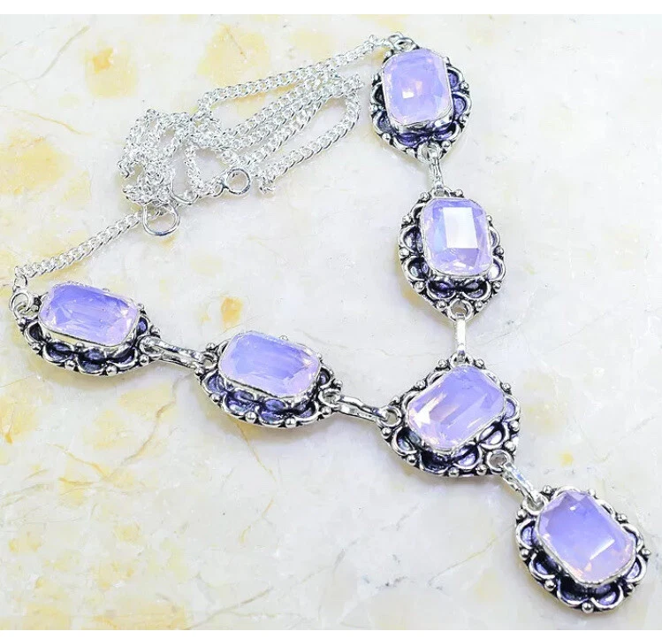 A argento 925 collana girocollo Opale Rosa Milky Opal bellissima - Immagine 1 di 1