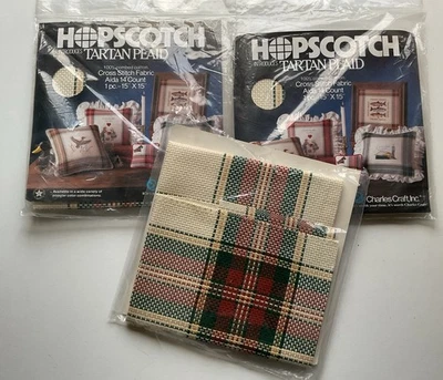 Lot of 3 - Charles Craft 14 Ct Aida Fabric - 15” x 15” - Tartan Plaid - Grn/Rust - Image 1 of 4