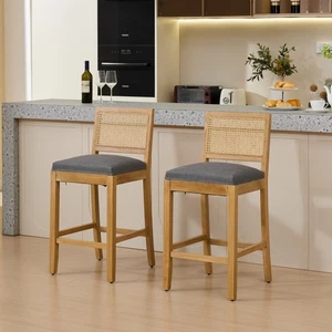 2 Set 27.9" Height Linen Fabric Barstools Solid Wood Rattan-Back Bar Chairs Gray - Picture 1 of 22