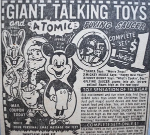 Juguetes parlantes gigantes Mickey Mouse Santa Disney anuncio impreso periódico vintage 1950 - Imagen 1 de 5
