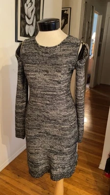 NY Collection Sweater Dress Black beige marled Knit midi dress zip Shoulder Sm.  - Image 1 of 4
